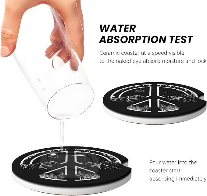Absorbent Car Coasters for Cup Holders, 2 Pack Universal Anti Slip Ceramic Cup Coaster for Women Men 2.56 Inch Car Interior Accessories - Peace Mountain 017