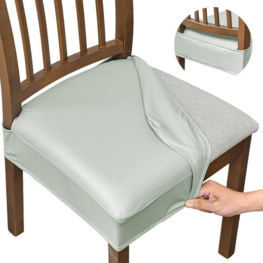 NILUOH Waterproof Seat Covers for Dining Room Chairs Set of 4, Pu Leather Chair Seat Slipcovers Dining Chair Cover Removable Washable Chair Protctor Cover, Rear Covers (PU-Light Grey)