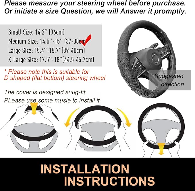 PINCTROT D Shaped Comfy Grip Steering Wheel Cover, Anti-Slip Design, Flat Bottom 14.5-15 Inch(Silicone Black)
