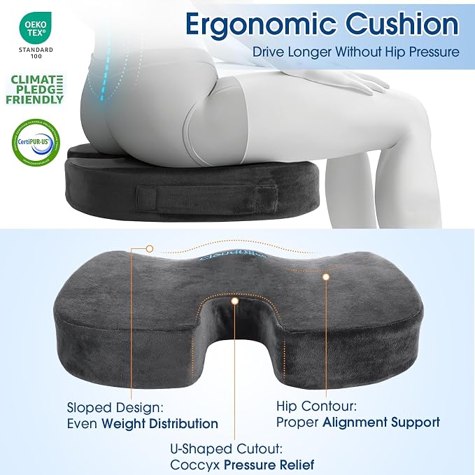 CloudBliss Lumbar Support Pillow & Seat Cushion Set for Office Chair, Desk Chair, Wheelchair & Car – Memory Foam Back Support, Ergonomic Chair Cushions, Sciatica Pain Relief, Home Essentials, Grey