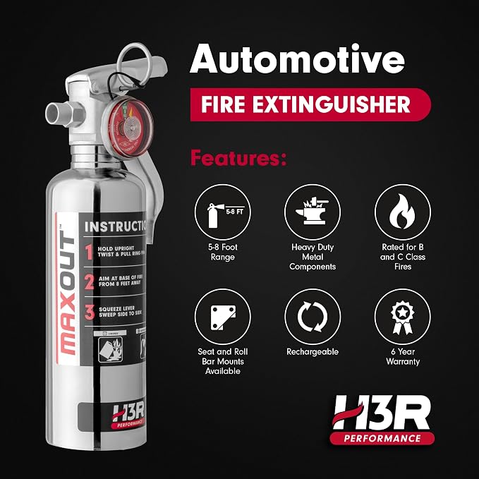 MaxOut Compact Fire Extinguisher for Vehicles – Cars, Trucks, UTVs, RVs & Boats | Off-Road Ready | Refillable Purple K Dry Chemical | Class BC | Mounting Bracket | UL Listed | Chrome 1.0 lb