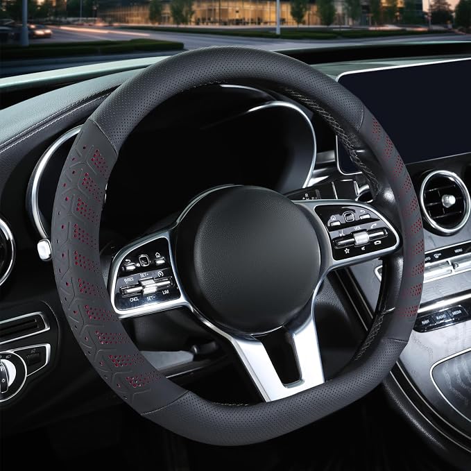 3D Soft 15 inch Leather D Shape Steering Wheel Cover Black Red | Breathable Anti-Slip Premium Skin-Feel Perforated Thin Nappa Leather, Universal 14.5 inch to 15 inch