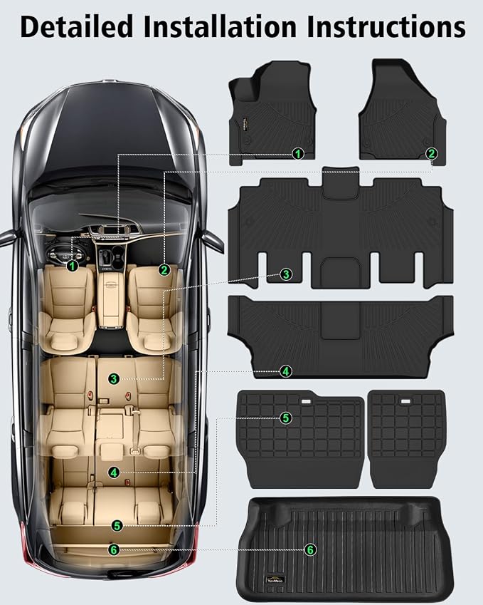 Floor Mats Custom for Chrysler Pacifica 2017-2025 2026 Gas 7-Seater | All Weather TPE Rubber Floor Liners, Cargo Liner, Backrest Mat Full Set for Pacifica Fuel Accessories (Non Hybrid & Pinnacle)