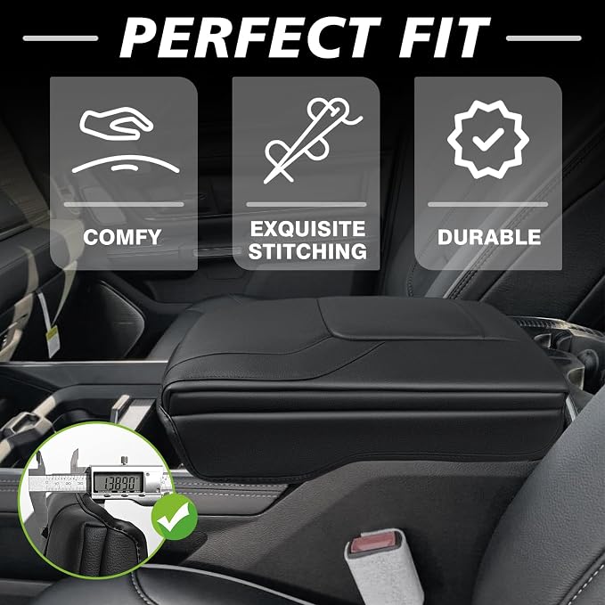 Muslogy Center Console Armrest Cover Fit for Dodge Ram1500 2500 3500 2019-2026 Accessories, Comfort Armrest Pad Console Lid Cushion Vegan Leather 1-Inch Thick(Bucket Seat ONLY, NO Limited,Laramie)