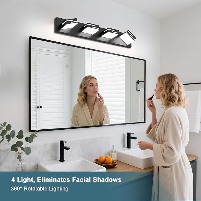 LED Modern Bathroom Vanity Light Fixtures, Dimmable Matte Black Vanity Lights for Bathroom Lighting Fixtures Over Mirror, with 360° Rotatable Acrylic Heads 4-Light 30-inch (Cool White 6000K)