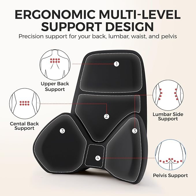BEBAS Ergonomic Lumbar Support Pillow for Car, Memory Foam Back Support for Lower Back Pain Relief, Detachable Lumbar Cushion for Driving, Extended Lumbar Pillow for Car Seat, Office Chair -Black