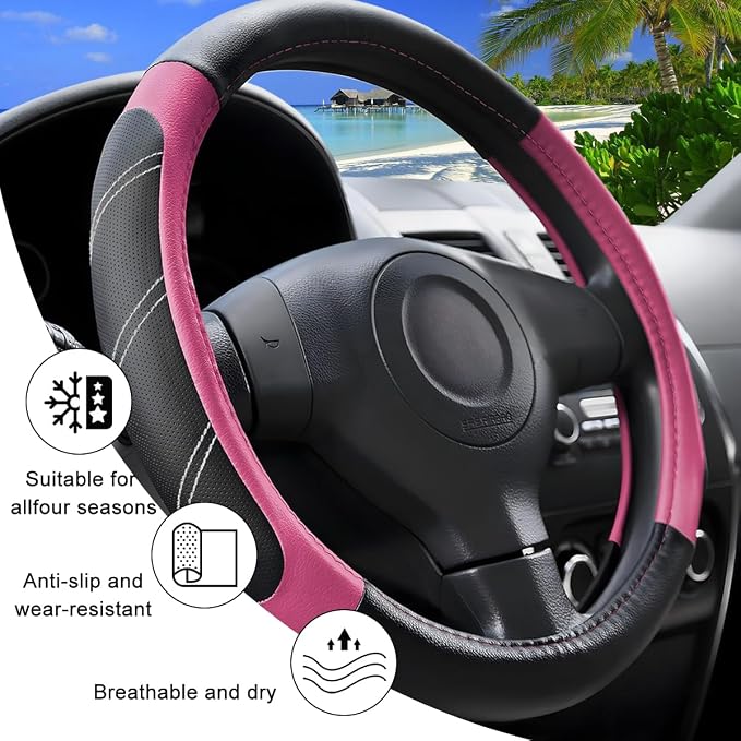 Zpana Car Steering Wheel Cover, 15 Inch Carbon Fiber Leather Non-Slip Steering Wheel Protector with Lining, Breathable Automotive Interior Accessories, Universal for SUV RV Truck (Pink)
