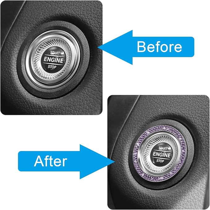 WINKA 2pcs Bling Car Engine Start Button Cover Diamond Crystal Push Start Stop Button Ring Sparkly Bling Ignition Button Cover Rhinestone Keyless Ignition Ring Universal Car Accessories (Light Purple)