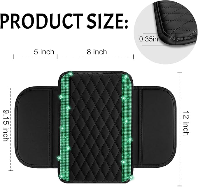 NBTEPEM Bling Car Center Console Cover, Leather Car Arm Rest Cover Cushion with 2 Storage Bags, Universal Auto Armrest Protector Storage Box, Bling Accessories Interior for Most Vehicles (Green)
