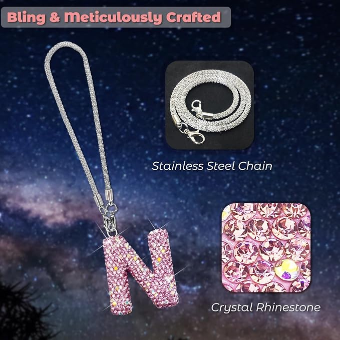 Bling Pink Car Accessories for Women Letter Charm, Rainbow Color Rear View Mirror Cute Crystal Pendant Car Decorations, Lucky Gifts Diamond Rhinestone Charm Letter N