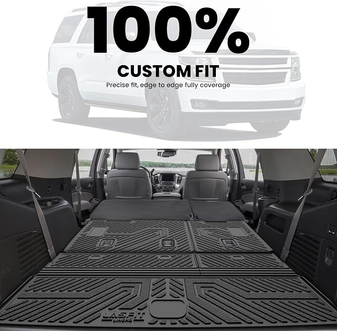 LASFIT Trunk Mat with Backrest Mat 2015-2020 for GMC Yukon (Only Yukon, Not Fit Yukon XL)/Cadillac Escalade (Only Escalade, Not Fit Escalade ESV)/Chevrolet Chevy Tahoe, All Weather TPE Custom Fit