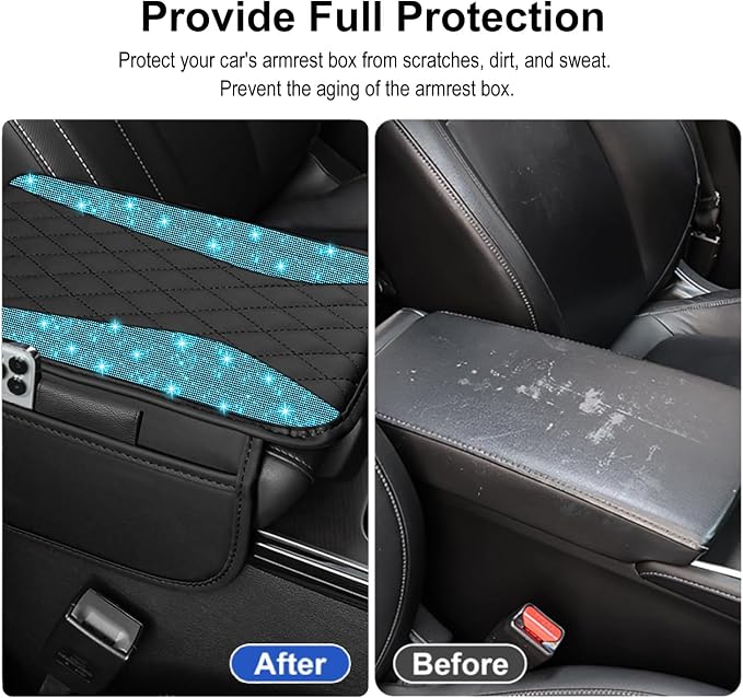 NBTEPEM Bling Car Center Console Cover, Leather Middle Console Cover with 2 Storage Bags, Universal Arm Rest Cover Protector, Bling Car Accessories Interior Fit for Most Vehicles, Aquamrine Diamond