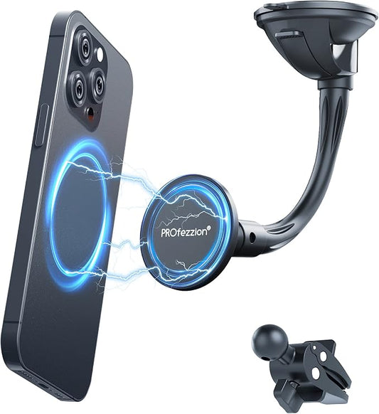 PROfezzion for MagSafe Car Windshield Mount Magnetic Holder, Suction Cup | Flexible Aluminum Rod, on Window Dash or Vent, Stable & Angle Adjustment, for iPhone 17 16 15 14 13 Pro Max & All Phones