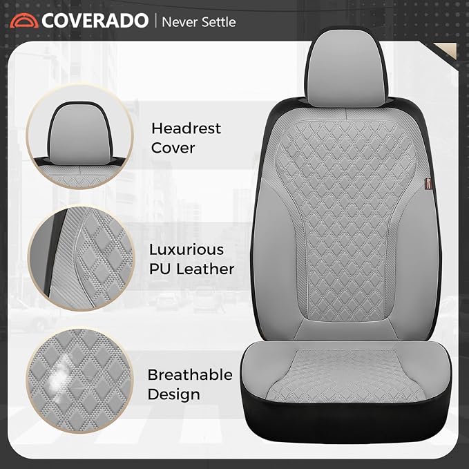 Coverado Car Seat Covers 5 Seats, Luxury Diamond Leather Seat Covers Full Set, Carbon Fiber Textured Design, Durable Waterproof Seat Protectors, Automotive Seat Covers Universal Fit Most Cars, Gray