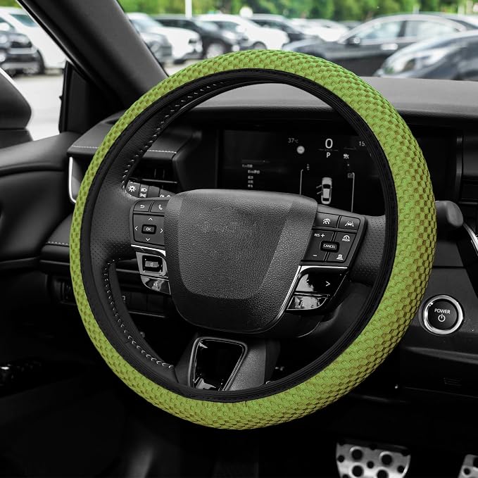 Elastic Stretch Steering Wheel Cover, Steering Wheel Protector, 15 Inch Anti-Slip Breathable Microfiber Ice Silk Protection, Easy Carry, Warm in Winter & Cool in Summer for Cars (Yellow Green)