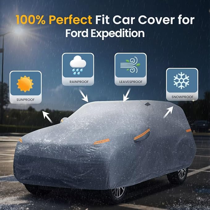 Large SUV Car Cover for Ford Expedition 100% Waterproof All Weather, Heavy Duty Outdoor Full Exterior Covers Rain Sun Wind UV Hail Protection.