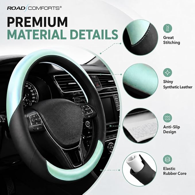 Road Comforts Steering Wheel Cover – Breathable Leather Steering Wheel Cover, Anti-Slip Grip, Universal Fit 14.5” to 15”, Heat & Cold Resistant for Cars, SUVs, and Trucks – Black & Shining Light Blue