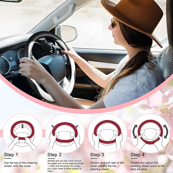 SuperKaKa Car Steering Wheel Cover 2024, Universal Auto PU Cute Breathable Slip-Proof Comfort Imitation Leather Protector Cars Interior Accessories for Women Men Fit Most Vehicle (White)