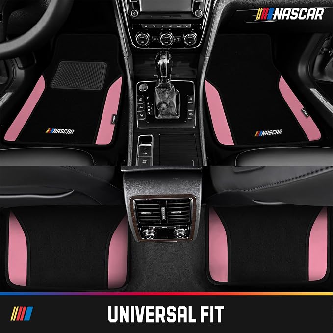 NASCAR Car Floor Mats, Carpet & Pink Leather Design Car Mats, Universal-Fit All-Weather Car Floor Mats with Built-in Heel Pad & Anti-Slip Backing, Durable Odorless Automotive Interior Accessories
