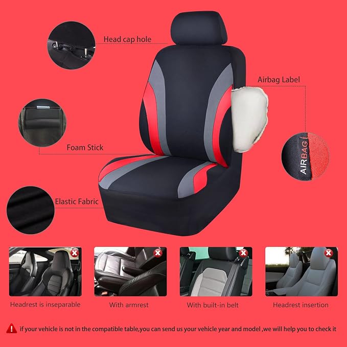 CAR PASS Line Rider Sporty Cloth 11PCS Universal Fit Car Seat Cover -100% Breathable with 5mm Composite Sponge Inside,Airbag Compatible,3zipper Bench(Full Set, Black and Red)