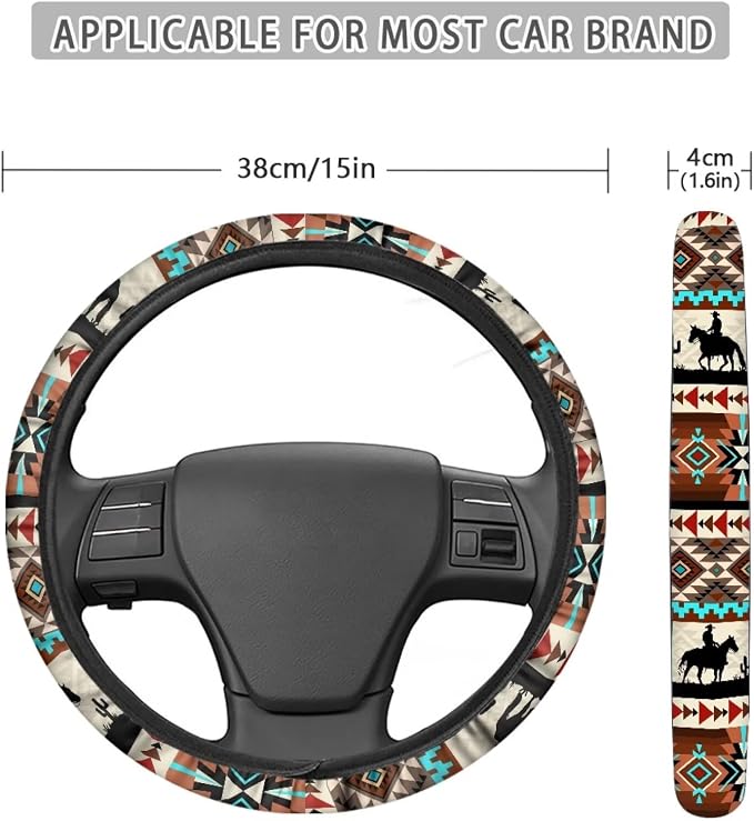 Wanyint Car Steering Wheel Cover, 15 Inch Soft Breathable Steering Wheel Protector for Women Men, Universal Fit for SUV Sedan Van Truck, Aztec Horse Cowboy Cactus