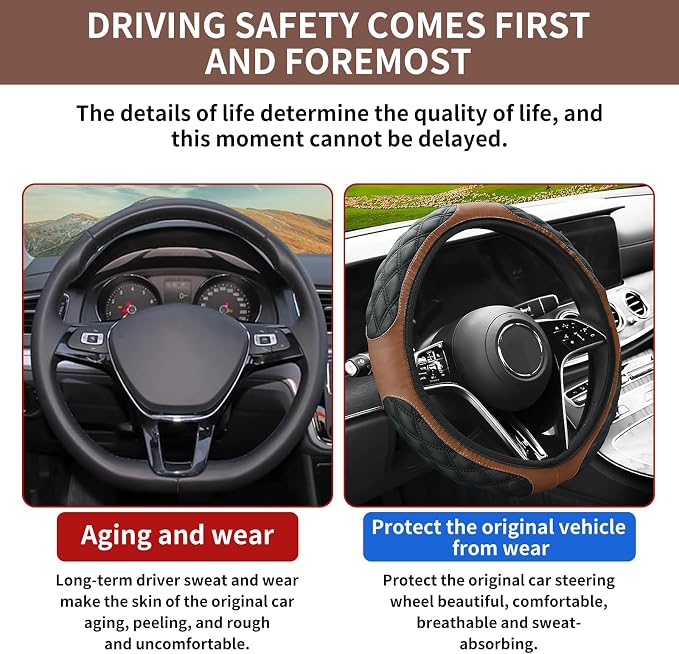 15 Inch Leather Steering Wheel Cover, Automotive Accessories Breathable Anti-Slip Elastic Soft Wheel Protector, Fit for Most SUVs Trucks and RVs (Coffee)