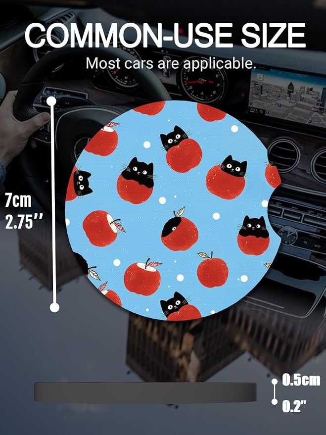 WOCOCN Cute Cup Holder Coasters for Your Car with Fingertip Grip, Auto Accessories for Women & Men,Pack of 2 (Black Cat and Apple)