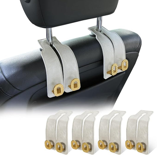 Car Headrest Hooks Universal Car Purse Hook Premium Leather and Alloy Twin Hook Car Seat Back Storage Hanger Hook for Purse Bags Cloth Drink Durable Holder Car Accessories (BH09-White-Gold-4 Pcs)