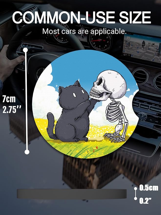 WOCOCN Cute Cup Holder Coasters for Your Car with Fingertip Grip, Auto Accessories for Women & Men,Pack of 2 (Black Cat and Skull)