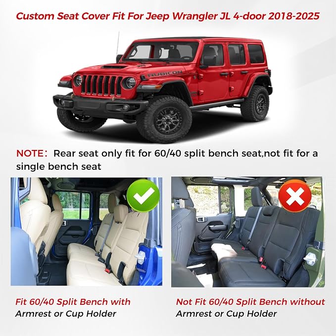 Huidasource Wrangler JL Seat Covers 4 Door, Waterproof Leather Seat Covers Full Set for Jeep Wrangler JL 4-Door 2018-2026 with Rear Cupholder, Custom Fit Seat Cushion Covers (Full Set/Black&Red)