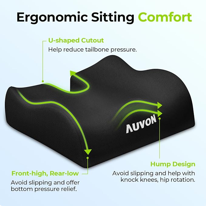 AUVON Anti-Slip Wheelchair Cushions with Front High Rear Low & Hump Design, Ergonomic Seat Cushion to Optimize Sitting Posture, Chair Cushions Relieve Sciatica, Back, Pressure Sore & Ulcer Pain | Ergonomic Chair Cushion with U-Cutout for Tailbone, Back...