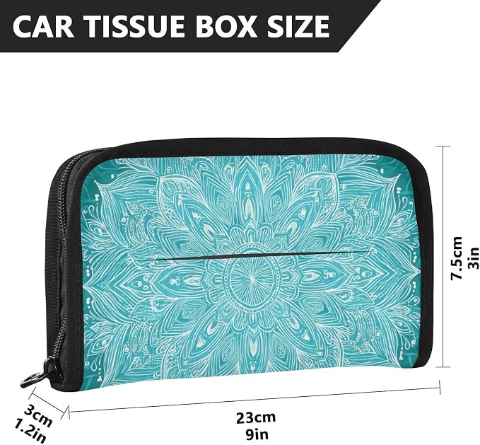 Car Tissue Holder Car Napkin Holder Tissue Box Dispenser Storage Case Sun Visor Mask Holder Accessories with Adjustable Straps Reusable Refillable Vintage Turquoise Mandala