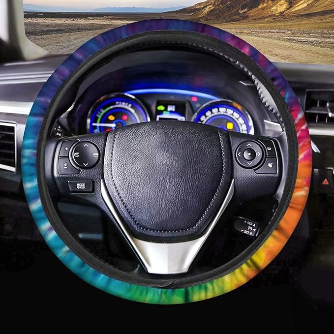 AFPANQZ Tie Dye Car Steering Wheel Covers Breathable Sweat Absorption Comfort Grip Stretch-on Fabric Steering Wheel Protector Non-Slip Machine Washable Rainbow Colored