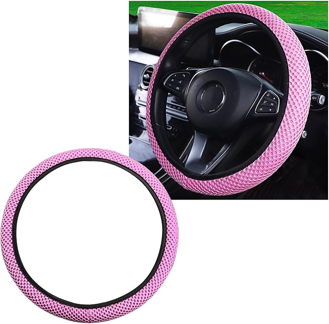 Yourkar Elastic Steering Wheel Cover, 15"×15" Comfy Breathable Stretch Steering Wheel Protector, Ice-Silk Cloth Polyester Steering Wheel Cover for Men Women, Car Accessories (Pink)