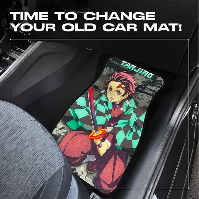 Anime Car Carpet Mat Set of 2 Front, Green Tanjrosword Design Automotive Accessories Interior All Weather Floor Mats Decor with Non Slip Black Anti Skid Backing