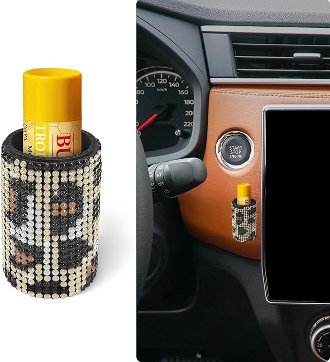 Upright Car Chapstick Holder, Bling Insulating Lip Balm Holder,Rhinestone Car Accessories for Women Interior ,Suitable for Most Vehicles. (Leopard print)