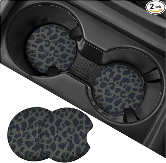 2PCS Car Cup Holder Coasters, Leopard Print Absorbent Rubber Insert Coaster with Finger Notch, Anti-Slip Drink Cup Mat Cute Vehicle Interior Accessories for Women Men (B13)