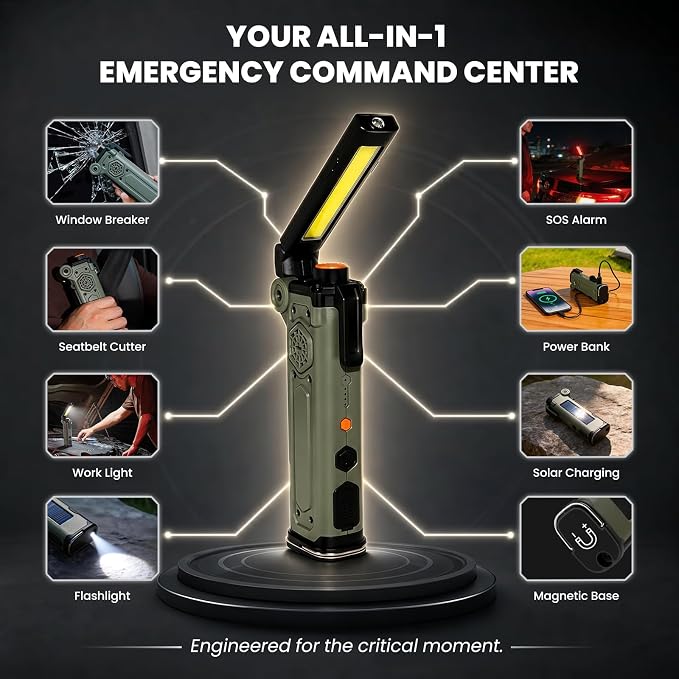 8-in-1 Car Emergency Escape Tool with Spring-Loaded Window Breaker | Seat Belt Cutter, Magnetic Work Light, Emergency Flashlight & Power Bank for Roadside Emergencies, Camping & Daily Driving