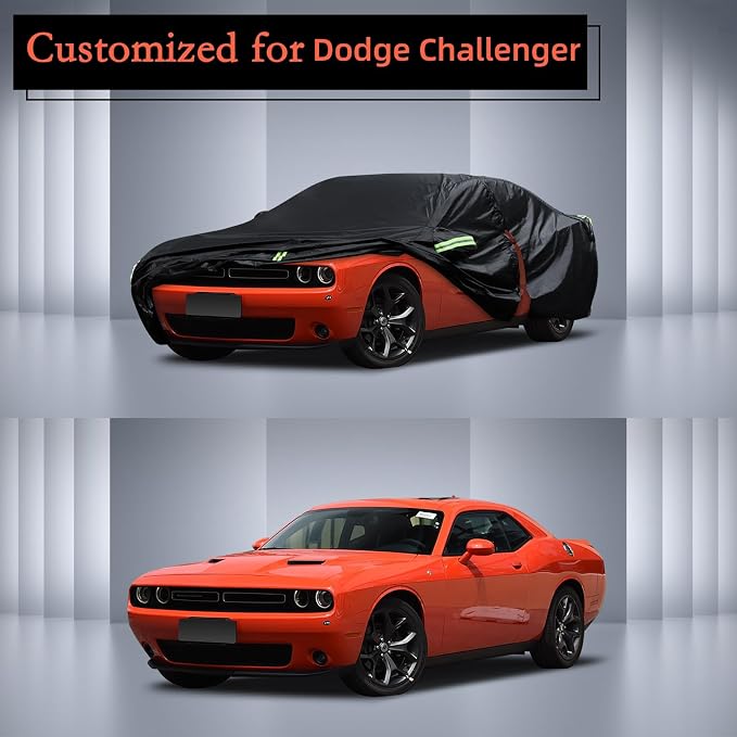 Car Cover Custom Fit for Dodge Challenger 2008-2025, Waterproof All Weather for Automobiles Full Exterior Cover Rain Sun Snow Protector with Door Zipper