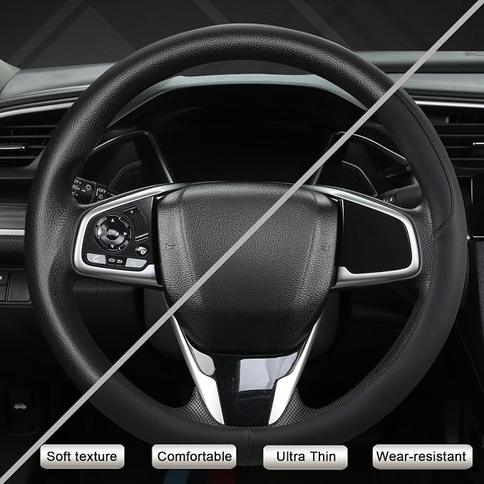 West Llama Thin Slim Car Steering Wheel Cover, Universal 14.5-15 inch Nappa Leather Steering Wheel Cover, Ultra Thin, Anti-Slip, Breathable(Black-Standard Size)