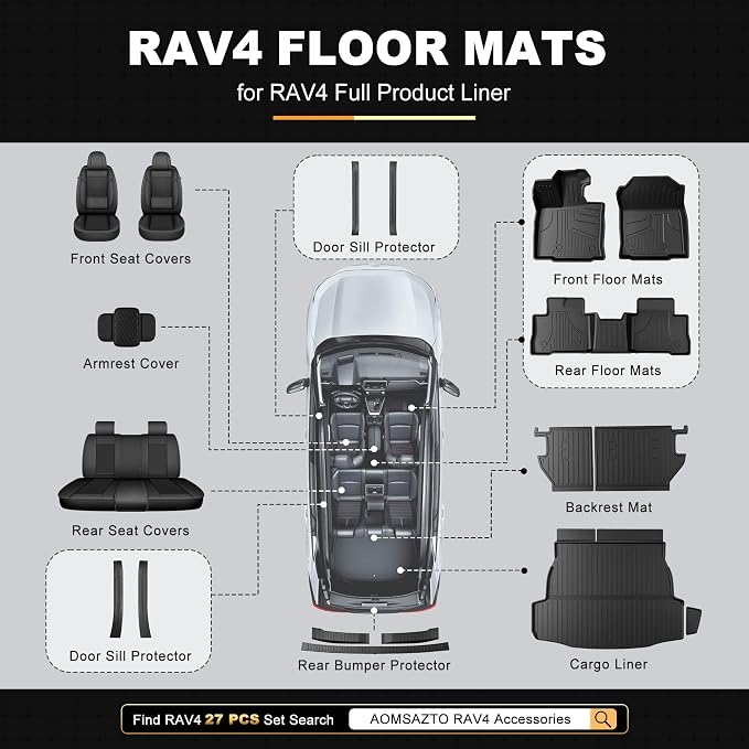 Floor Mats & Cargo Mat & Seat Back Mats for Toyota RAV4 2026, Not for PHEV | Trunk without Subwoofer. Door Sills Protector. Custom Fit. All-weather Protection. Waterproof. Easy to Clean. Heavy Duty
