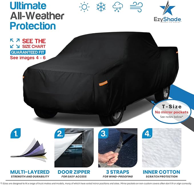 EzyShade Multi-Layer Truck Cover Waterproof All Weather - See Vehicle Size-Chart - Full Outdoor Pickup Truck Covers for Colorado Ranger Tacoma - Sun Wind Rain Snow - Black, Size T0 (See SizeChart)