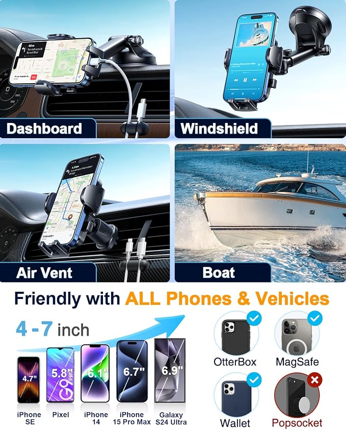 YRU True Military-Grade [360° Rotation Suction] 2026 Ultimate Car Phone Holder Mount【90+LBS Safest Strongest & Patent Certs】 Dash Windshield for iPhone 17 16 Pro Max Speakerphones, Royal Blue