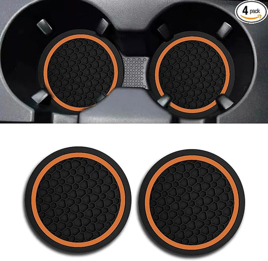 Car Cup Holder Coasters, Dustproof Automotive Interior Accessories Mat,2.75 Inch Non-Slip Insert Water Bottle Holder Pads, Universal for Vehicles, Trucks, RVs and More (Black/Orange, 2PCS)
