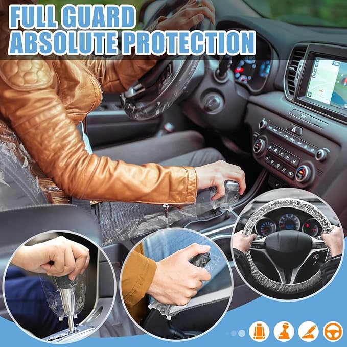 MYFAMIREA 125 PCS Disposable Car Seat Covers Clear Plastic Vehicle Seat Protector Set with Steering Wheel, Gear Shift and Handbrake Covers, Universal for Cars Auto Truck Bus Airplane