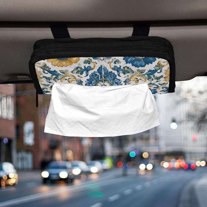 Car Visor Tissue Holder Mask Holder for Car, Car Tissue Box Sun Visor Napkin Holder Car Visor Accessories Adjustable Straps Reusable Durable Easy to Install Floral Blue and Yellow Tile
