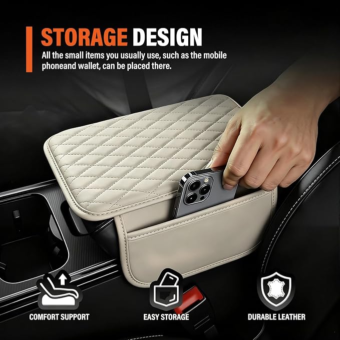 Center Console Cover with 2 Storage Bags, Universal Arm Cover for Car Pad Middle Console Cover, Scratch-Resistant & Waterproof, Easy to Clean - White