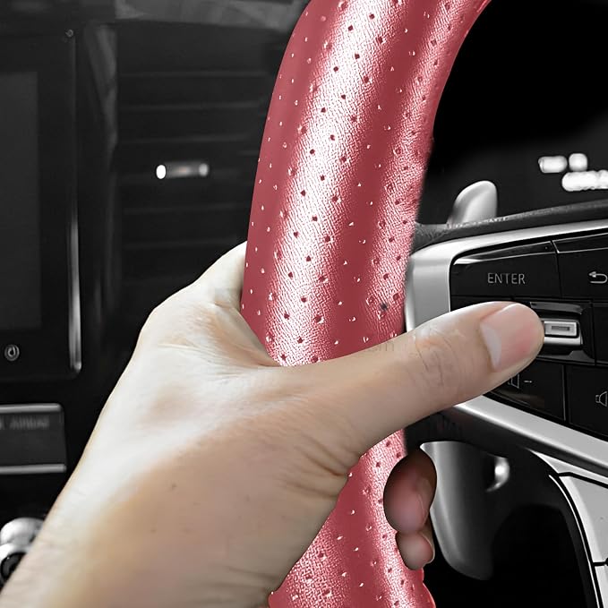 Genuine Leather Steering Wheel Cover, 15 Inch Stitch on Wheel Wrap with Needles & Threads, Breathable Steering Wheel Protector DIY Sewing Wrap for Car Truck SUV (Wine Red, Full Hole)