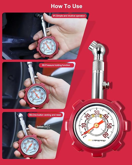 ATsafepro Tire Pressure Gauge, 5-60 PSI, ANSI B40.1 Certified, Extended 360° Swivel Head, Hold & Bleed Button, Dual Guard,Tire Gauges Fit for Cars and Motorcycles - Compact & Battery-Free
