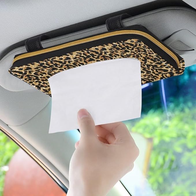 PU Leather Backseat Tissue Box Holder Leopard Pattern Sun Visor Napkin, Mask Dispenser Backseat Tissue Holder for SUV Sedans Vans Trucks